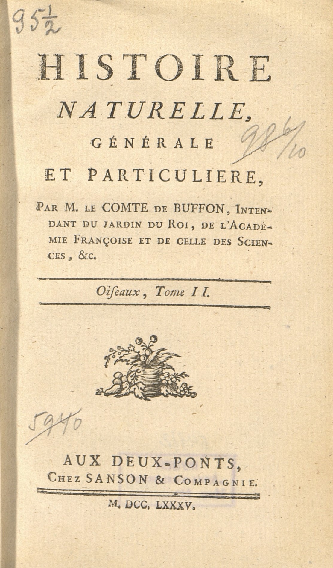 1.	Титульный лист 2-го тома «Всеобщей и частной естественной истории графа де Бюффона», изданного в 1785 г. в Deux-Ponts (современный Цвайбрюккен), (инв.№ РК 13302)