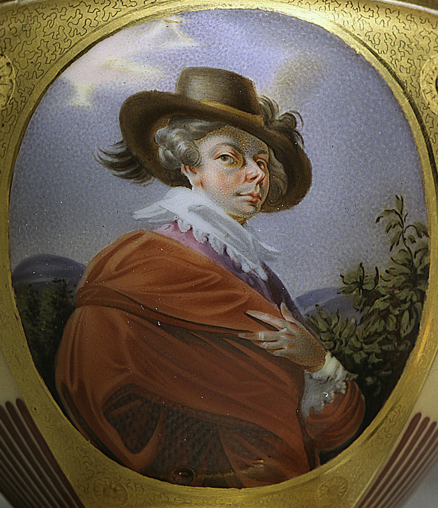 Портрет князя Н.Б. Юсупова в испанском костюме по картине Г.Фюгера. Фрагмент росписи памятной чашки. 1831.