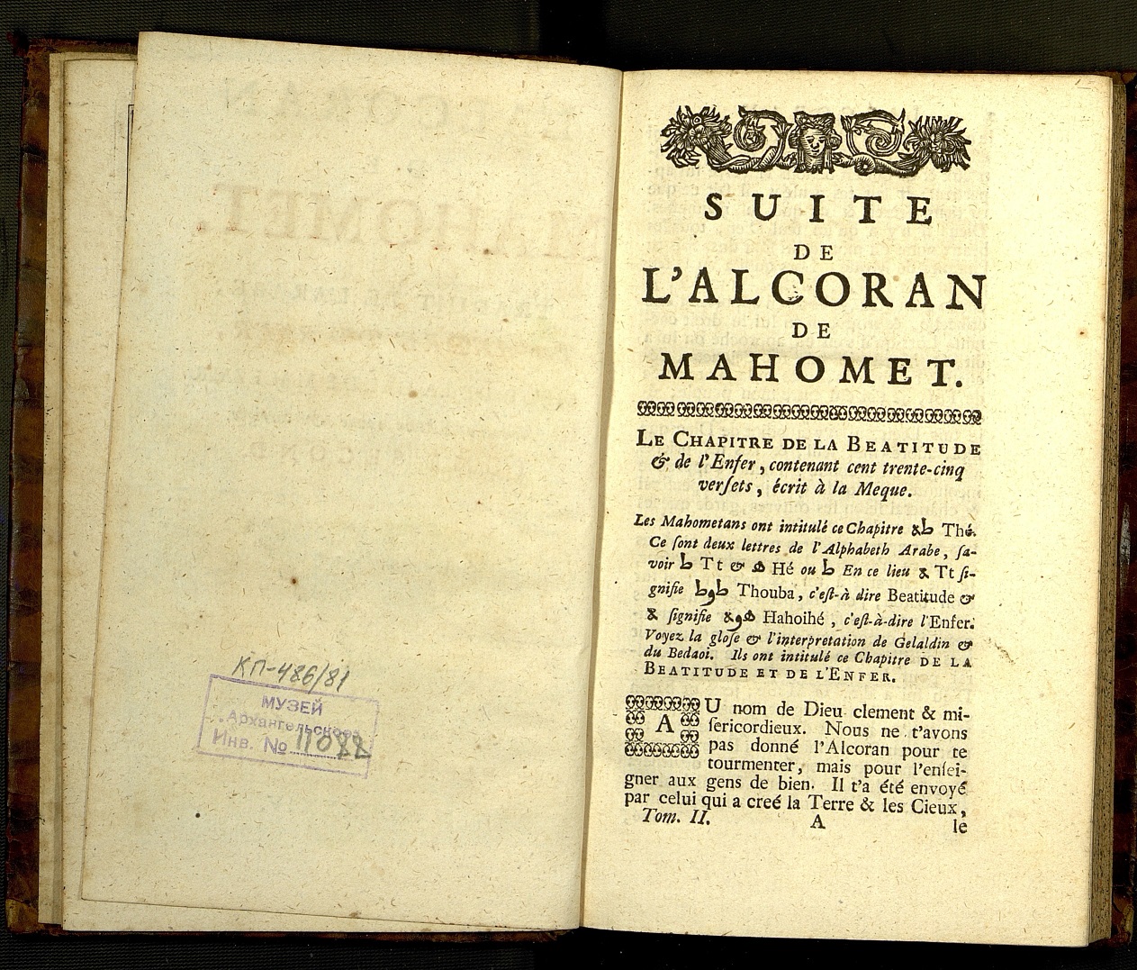 L`Alcoran de Mahomet. Traduit de l`Arabe, par Andre du Rier, sieur de La Garde Malezair. – T. 2. – Amsterdam: P. Mortier, 1734